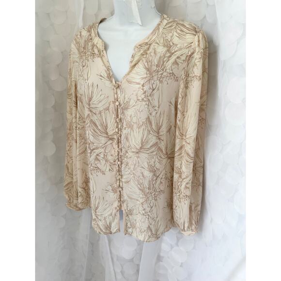 Cynthia Rowley M Beige Toile Palm leaf print chiffon blouse long sleeve V neck - Picture 4 of 9